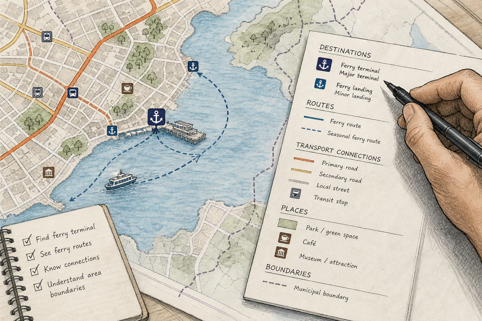 Detailed hand-drawn map showing ferry routes, landmarks, transport connections, and a hand writing on the map legend