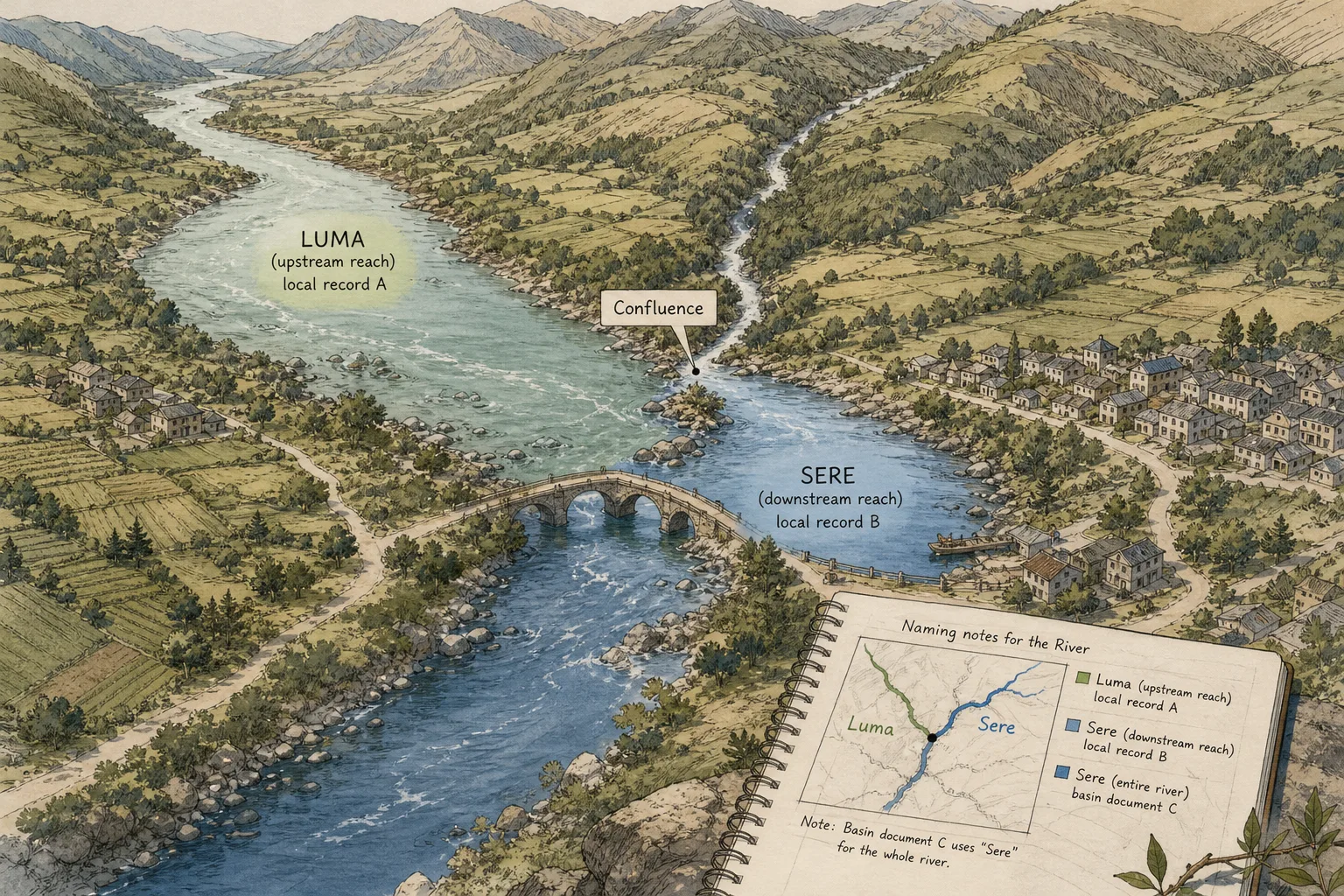 Two rivers merging at a confluence near a stone bridge with villages and green hills around under daylight