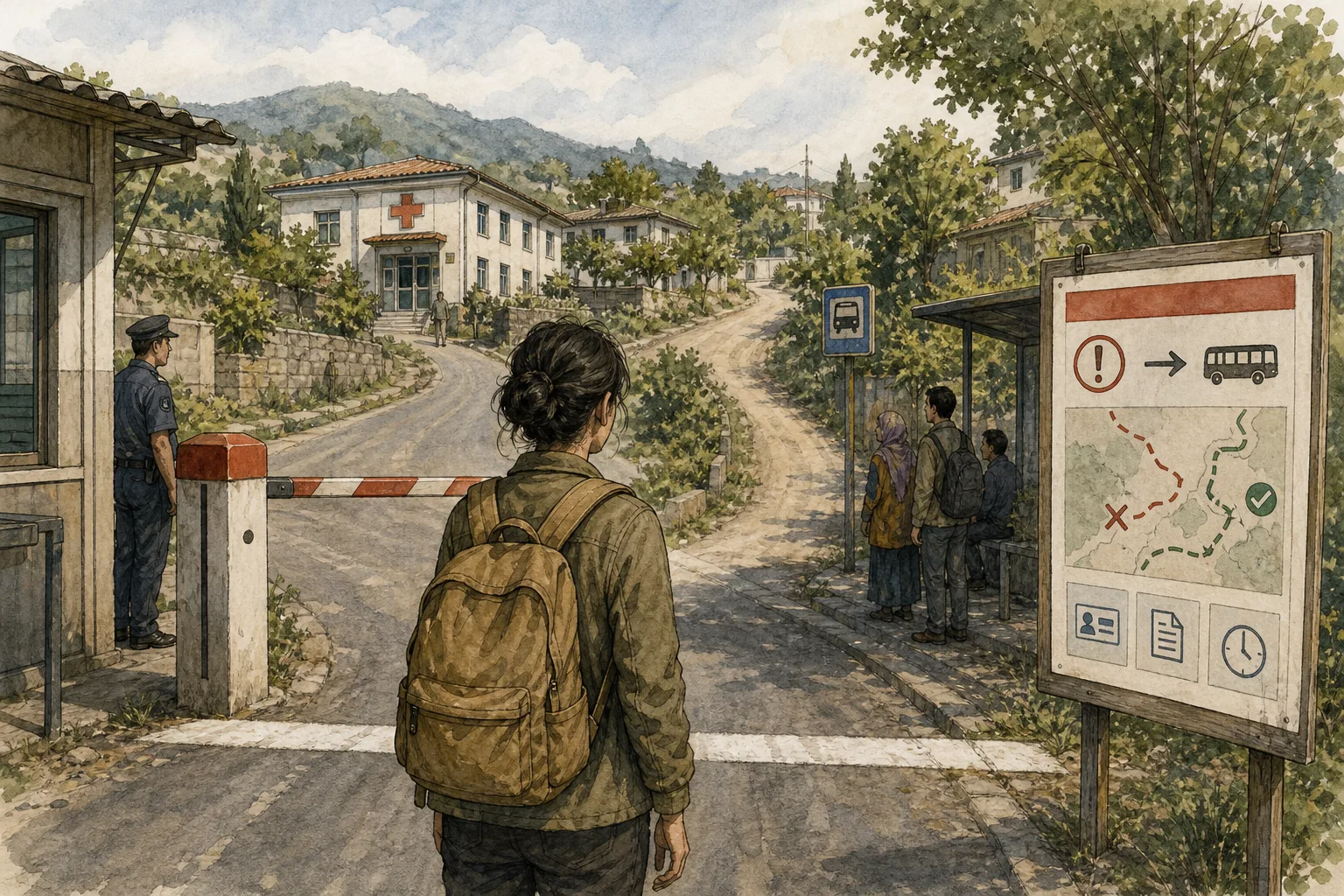 People waiting at a rural border checkpoint with a barrier, police officer, and directional sign under daylight