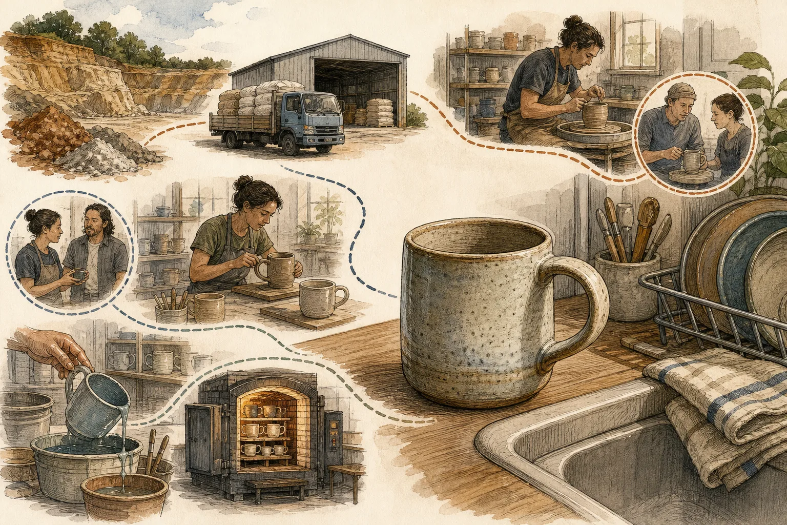 Handcrafted ceramic mug on a kitchen counter with scenes of pottery making and kiln firing